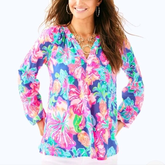 Lilly Pulitzer MARTINIQUE TOP Beckon Blue Jungle Utopia Small Blouse S - Picture 2 of 10